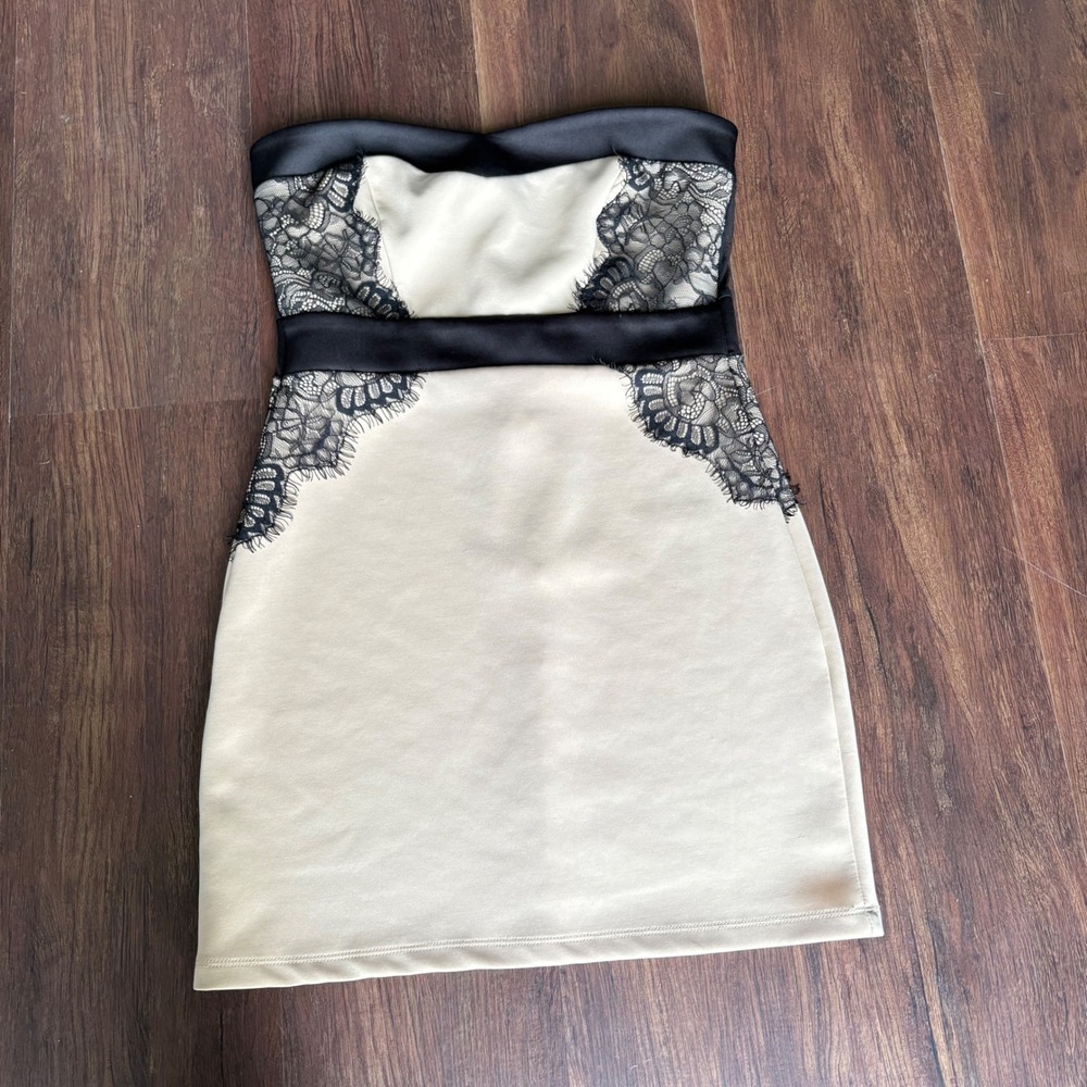 Strapless Bodycon Dress Sz 5 Lace Trim Cream Black Cocktail Party